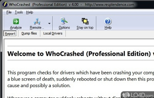 Screenshot of WhoCrashed Free Home Edition - User interface