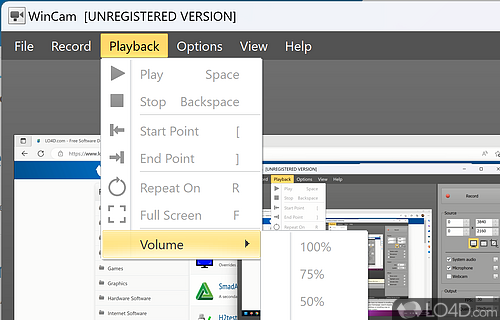 Apply effects and configure recording settings - Screenshot of WinCam