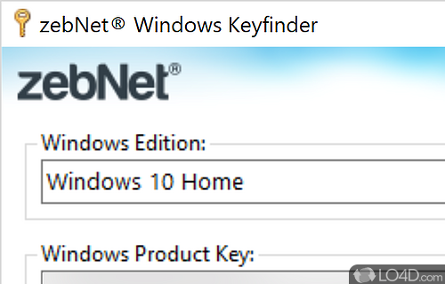 Screenshot of zebNet Windows Keyfinder - Fetches Windows' product key, with support for print