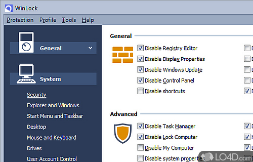Screenshot of WinLock - Security solution for PC lockdown for restricting Windows features, files, folders, drives, apps
