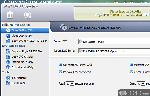 Screenshot of WinX DVD Copy Pro - Can easily clone the contents of a DVD and also to remove the encryption of the disc