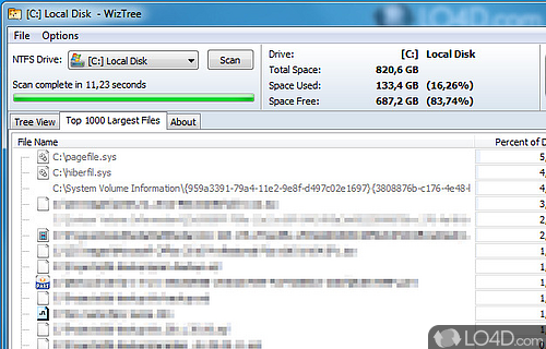 Screenshot of WizTree - Scans drives and shows the largest files and folders, enabling users to better asses their HDD and manage space