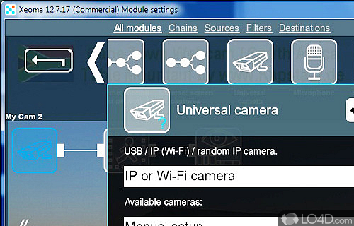Screenshot of Xeoma - Video surveillance app with remote control capabilities, providing support for any camera type, including webcams, IP