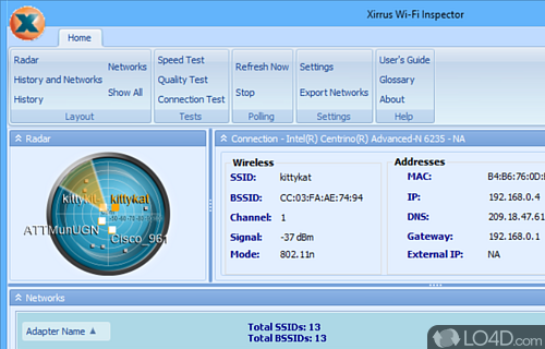 Check the integrity and performance of Wi-Fi connection, run speed and performance tests and monitor the signal strength - Screenshot of Xirrus Wi-Fi Inspector
